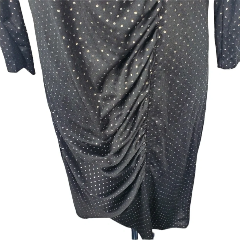 1980s Barone Black &‎ Silver Polka Dot Poly Dress